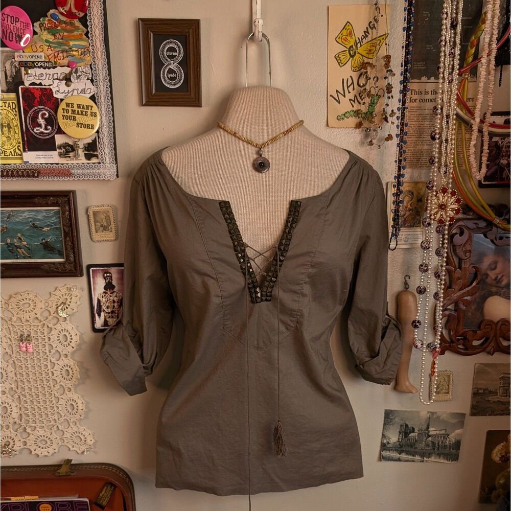 Studded Lace Up Tunic Blouse Women's 2 Small Taupe Brown